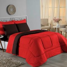 Kit Edredom Dupla Face + Jogo De Lençol Casal Viúva Nobre 7 Peças Malha 100% Algodão - Vermelho / Marrom