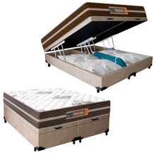 Cama Box Baú Casal Bipartido Suede + Colchão Molas Ensacadas Texas Colchões 138cm - Suporta Até 120kg Por Pessoa