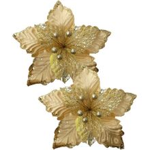 Kit 4 Flores Artificial Glitter Dourado Enfeite Natal 25cm