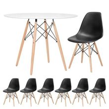 Conjunto De Mesa De Jantar Eames Eiffel Redonda 100cm Tampo De Madeira Branco Com 6 Cadeiras Pretas