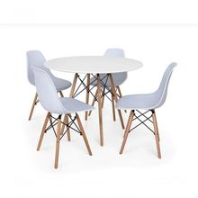 Conjunto De Mesa De Jantar Eames Eiffel Redonda 90cm Tampo De Madeira Branco Com 4 Cadeiras Brancas