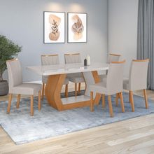 Conjunto Sala De Jantar Mesa Easy Tower 170x90cm Mdf/vidro Com 6 Cadeira Armoni Linho Mosaico Cinza Amendoa/off White