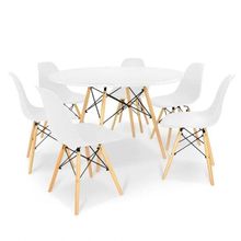 Conjunto De Mesa De Jantar Eames Eiffel Redonda 100cm Tampo De Madeira Branco Com 6 Cadeiras Brancas