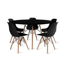 Conjunto De Mesa De Jantar Eames Eiffel Redonda 100cm Tampo De Madeira Com 5 Cadeiras Preta