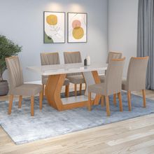 Conjunto Sala De Jantar Mesa Easy Tower 170x90cm Mdf/vidro Com 6 Cadeiras Confort Suede Bege Amendoa/off White