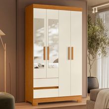 Guarda Roupa Solteiro 6 Portas 2 Gavetas Com Espelho Cinamomo Mel Off White