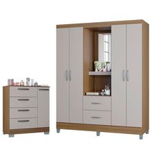 Cômoda 868 4 Gavetas E 1 Porta Com Guarda Roupa Solteiro Córdoba 4 Portas Castanho Off White - Poquema