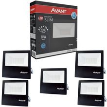 Kit 5 Refletor Led Holofote Avant 30w Luz Branco Frio 2250 Lúmens Slim30 Resist Chuva Ip65 Bivolt