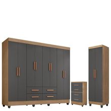 Guarda Roupa Casal Porto Com Cômoda Lite 4 Gavetas E Armário Multiuso Lite Nature Cinza - Móveis Leão