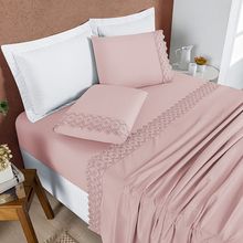 Jogo Cama Lençol Bouclê Solteiro Micro Percal 200 Fios c/ Laise Bordada 3 Peças - Sal Rosa