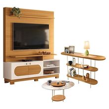 Estante Home Theater Axis Com Mesa De Centro Sky Com Tampo De Vidro E Aparador Infinity Cinamomo Off White - Hb Móveis
