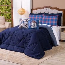 Kit Edredom Casal Padrão Country Com Almofadas Estampadas 07 Peças - Dupla Face Percal 300 Fios Cor Azul