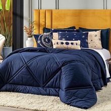 Kit Edredom Casal Constelações Azul Marinho Com Almofadas 07 Peças - Dupla Face Percal 300 Fios 100% Algodão Original