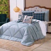 Kit Edredom Casal Padrão Country Com Almofadas Estampadas 07 Peças - Dupla Face Percal 300 Fios Cor Verde