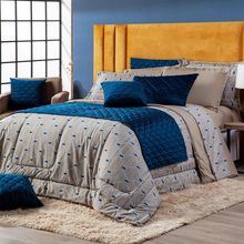 Kit Edredom Estampado Casal Padrão Veneza Bege/azul Dupla Face Com Fronhas 03 Peças - Tecido Percal Algodão 200 Fios