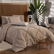 Kit Edredom Liso Casal Padrão Florença Guipir Dupla Face Com Fronhas 03 Peças - Percal Algodão 200 Fios Cor Caqui