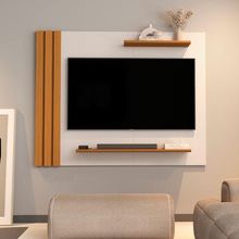 Painel Para Tv Até 40 Polegadas Detalhe Ripado Com Prateleiras Aden Off White / Madeirado