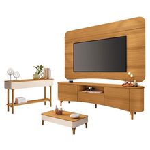 Rack Bancada Elara E Painel Armony Cinamomo Com Mesa De Centro Liz E Aparador Fiero Off White Cinamomo - Hb Móveis