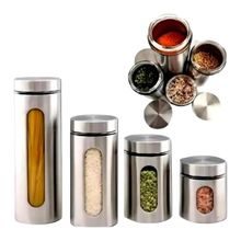 Kit 4 Potes Porta Mantimentos Inox Jogo Hermetico Visor Vidro Condimentos Cafe Alimentos Premium Completo