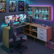 Mesa Gamer Em L Para Computador Com 3 Gavetas Nexus Multimóveis Mp6048 Madeirado/branco Madeirado/branco