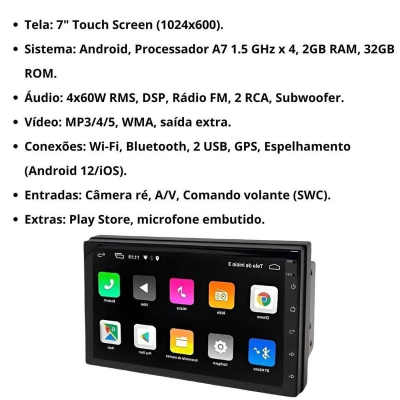 Central Multimídia Automotiva Android Auto GM S10 7 Touch Screen ...