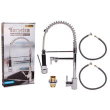 Torneira de Mesa para Cozinha Monocomando Bica Dupla com Ducha Extensível Aço Inox Cromado Brilhante