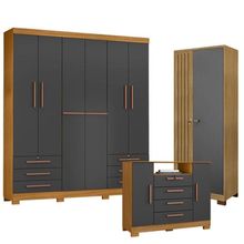 Guarda Roupa Casal Londres Com Cômoda Madri E Armário Multiuso Versatile Carvalho Americano Grafite - Incorplac