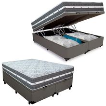 Cama Box Baú Casal Bipartido Sintético + Colchão Anjos Black Graphite Molas Ensacadas 138x188x64cm Cor:cinza