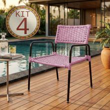 Conjunto 4 Poltronas Porã Em Junco Sintético Aço Preto Com Braços Para Jardim Externo - Rosa