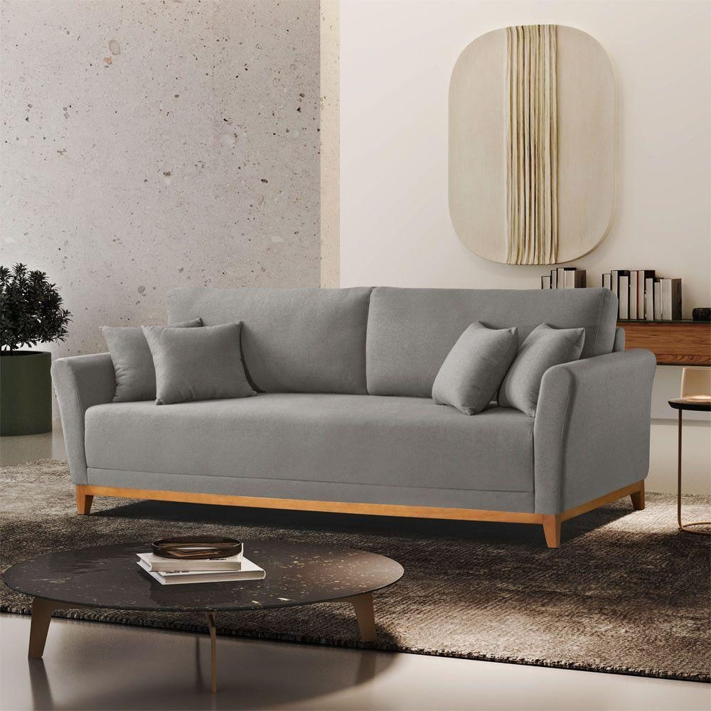 Encontraproduto.com.br - Sofá Brasil 3 Lugares Fixo 210cm Cinza Em Linho Com Braço 10cm Meu Sofá Online