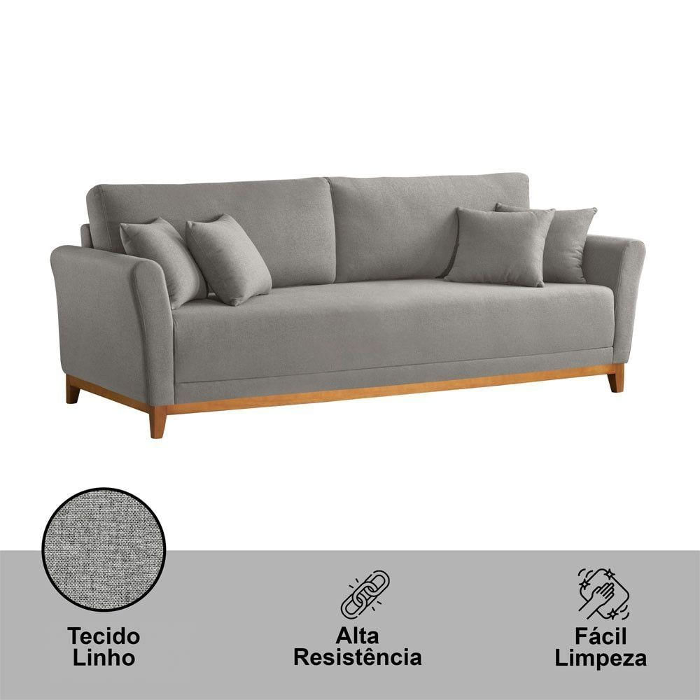 Encontraproduto.com.br - Sofá Brasil 3 Lugares Fixo 210cm Cinza Em Linho Com Braço 10cm Meu Sofá Online