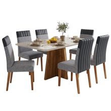Conjunto Sala de Jantar Mesa Anjos 1,60m com Vidro 6 Cadeiras Montreal Madeirado Cinza Viero Móveis