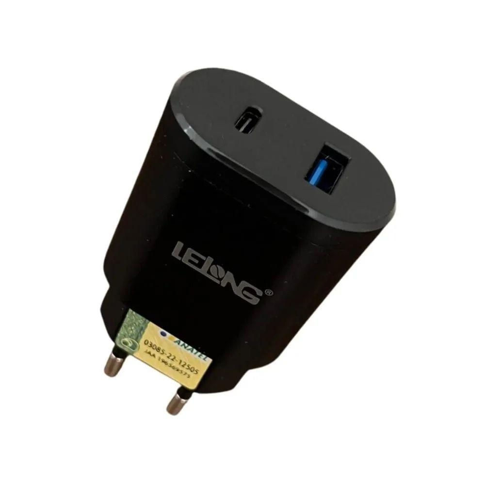 Carregador de Parede MDM Tipo C e Lightning Turbo 20W Preto com Cabos Inclusos