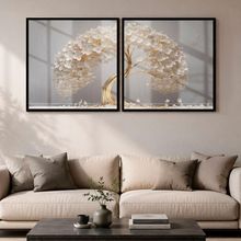 Quadro Decorativo Árvore de Ouro das Flores Brancas Quadrado 50x50cm com Moldura Preta Soleil Home