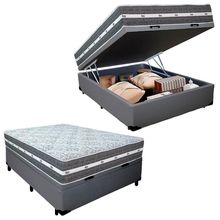 Cama Box Baú Casal Sintético + Colchão Anjos Black Graphite Molas Ensacadas 138x188x64cm Cor:cinza