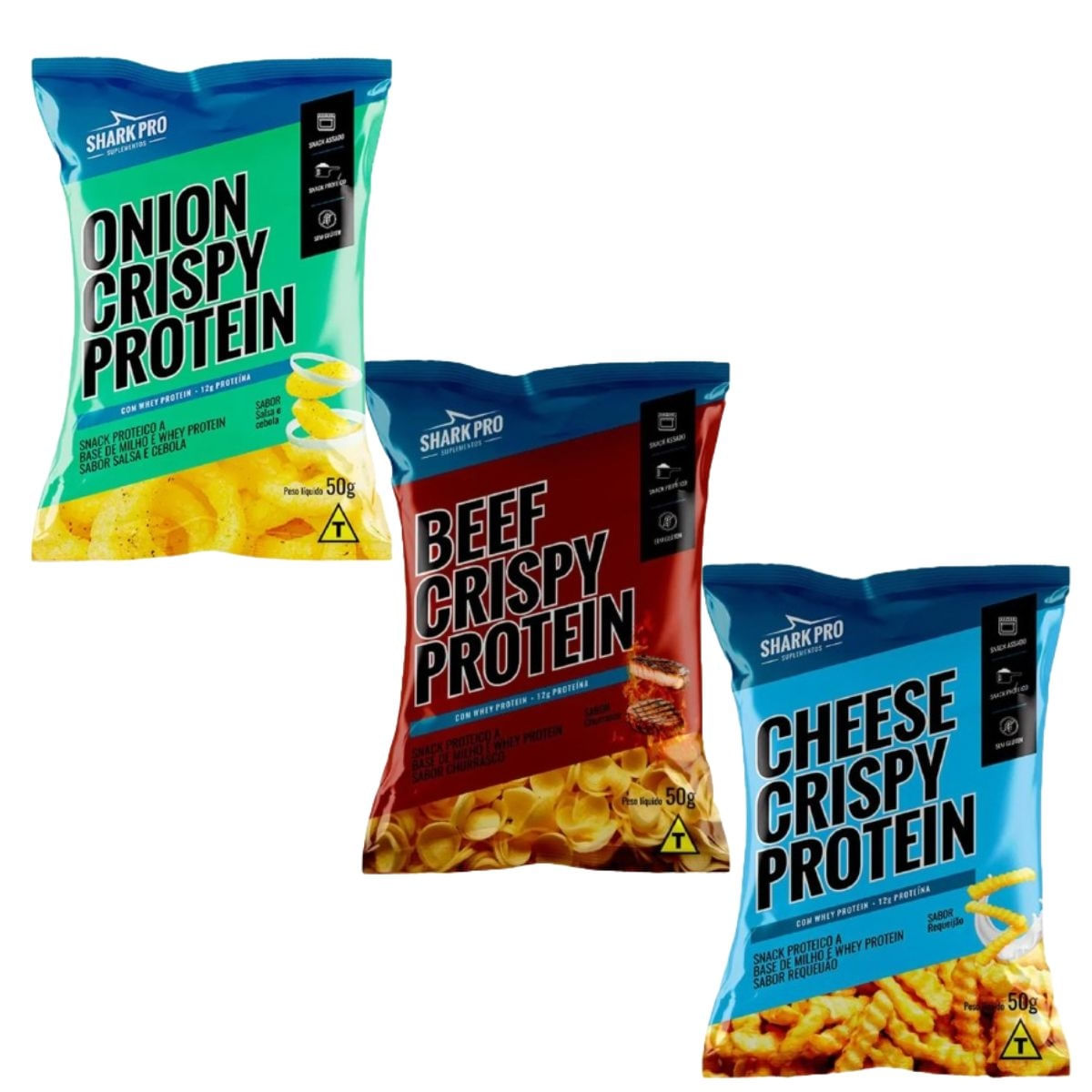 KIT 3 SNACK PROTEICO SALGADINHO COM WHEY PROTEIN CHURRASCO REQUEIJAO CEBOLA 50G