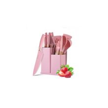 Kit Completo De Utensílios De Cozinha Luxuosos 19 Peças Com Tablet Espátula De Silicone Faca Tesoura - Cor:Rosa