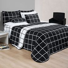 Kit Cobre Leito Minimalista Quadriculado Padrão 03 Peças Tecido Micropercal 200 Fios - Preto Com Branco