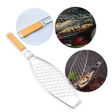Grelha Dupla para Churrasco Churrasco Assar Peixe 31x25cm em Aço e Madeira com Cabo