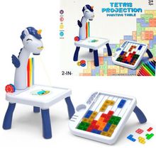 Brinquedo Mesinha de Pintura com Projeção Tetris Unicórnio com 12 Canetas e 25 Peças Azul Outras