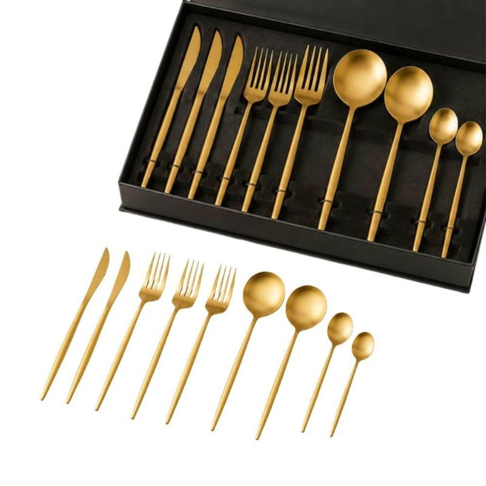Jogo de Talheres Dourado Fosco 24 Peças Aço Inox Premium para Refeicoes Especiais