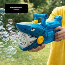 Pistola de Bolhas Tubarão Azul Brinquedo Máquina de Bolhas Plástico com Solução 70ML 3 Anos