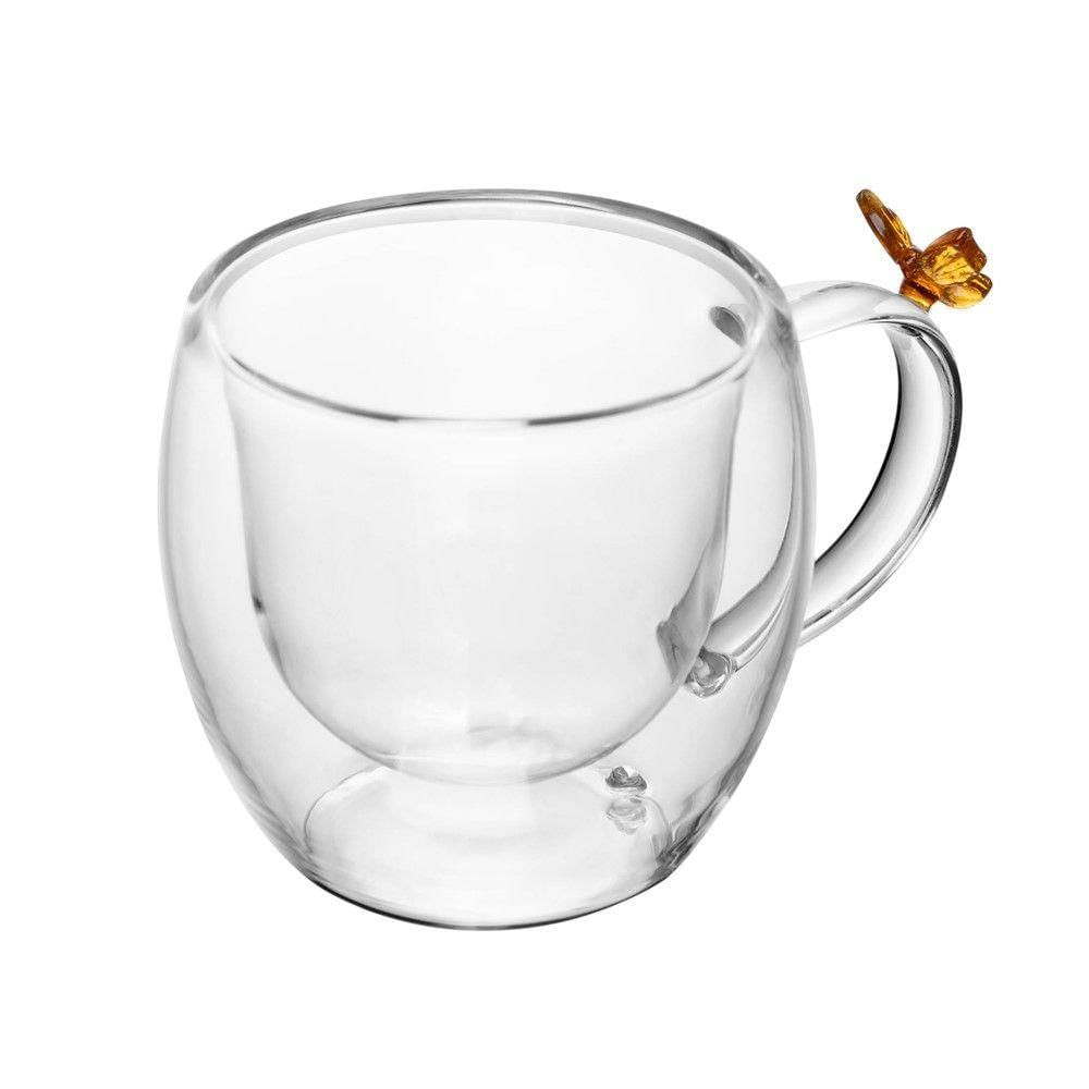 Xícara De Café 80ml Borboleta Parede Dupla Vidro Transparente Sun Garden Wolff