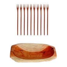 Kit 1 Petisqueira 27x15cm, 10 Garfos Petisco 16cm De Madeira
